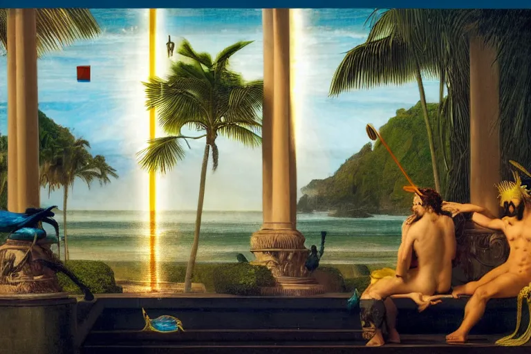 Image similar to The Magician on front of balustrade and palace columns, refracted lightnings on the ocean, thunderstorm, tarot cards characters, beach and Tropical vegetation on the background major arcana sky and occult symbols, by paul delaroche, hyperrealistic 4k uhd, award-winning, very detailed paradise