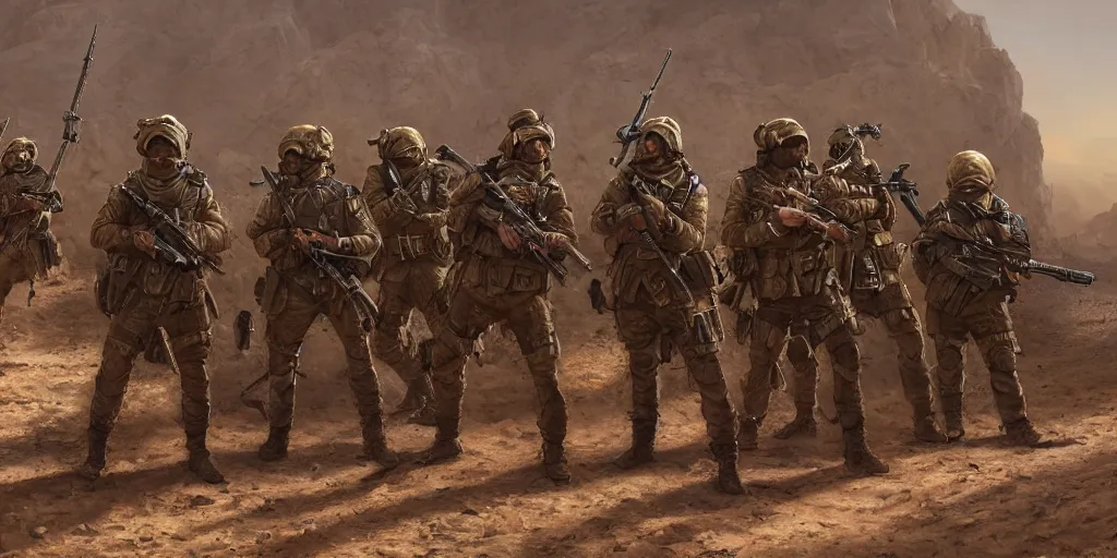 Image similar to highly detailed image of a tactical squad of hamsters dressed in tactical gear holding rifles, in a desert, stephen bliss, unreal engine, fantasy art by greg rutkowski, global illumination, detailed and intricate environment