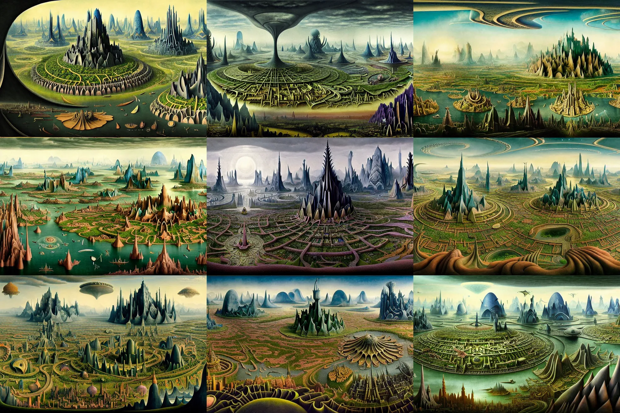 Prompt: a beautiful and insanely detailed matte painting of an advanced sprawling civilization with surreal architecture designed by Heironymous Bosch, mega structures inspired by Heironymous Bosch's Garden of Earthly Delights, a beautiful and insanely detailed matte painting of an advanced sprawling civilization with surreal architecture designed by Heironymous Bosch, mega structures inspired by Heironymous Bosch's Garden of Earthly Delights, a beautiful and insanely detailed matte painting of an advanced sprawling civilization with surreal architecture designed by Heironymous Bosch, mega structures inspired by Heironymous Bosch's Garden of Earthly Delights, ships of the air and sea designed by Heironymous Bosch and Jim Burns, vast surreal landscape and horizon by Jim Burns and Tyler Edlin, vast surreal landscape and horizon by Jim Burns and Tyler Edlin, masterpiece!!, grand!, imaginative!!!, whimsical!!, epic scale, intricate details, sense of awe, elite, complex layered composition!!