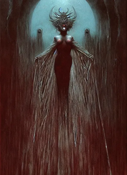 Image similar to majestic dark necromancer queen by Beksinski, Luis Royo