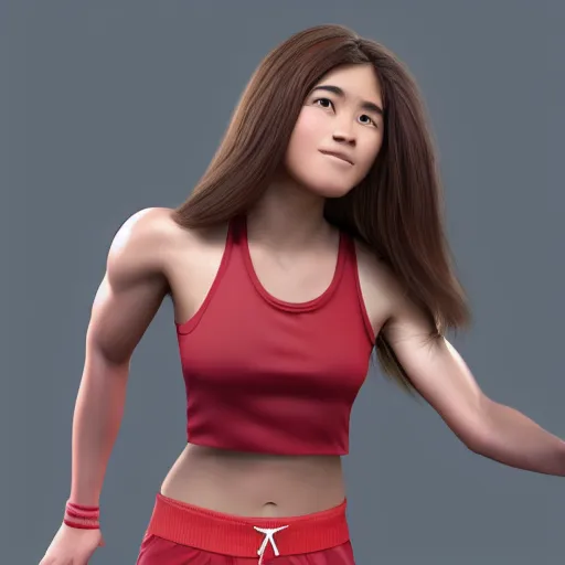 Image similar to young beautiful athletic Filipino woman with long hair posing, depicted as adult Pixar character, high quality cg render, 4k