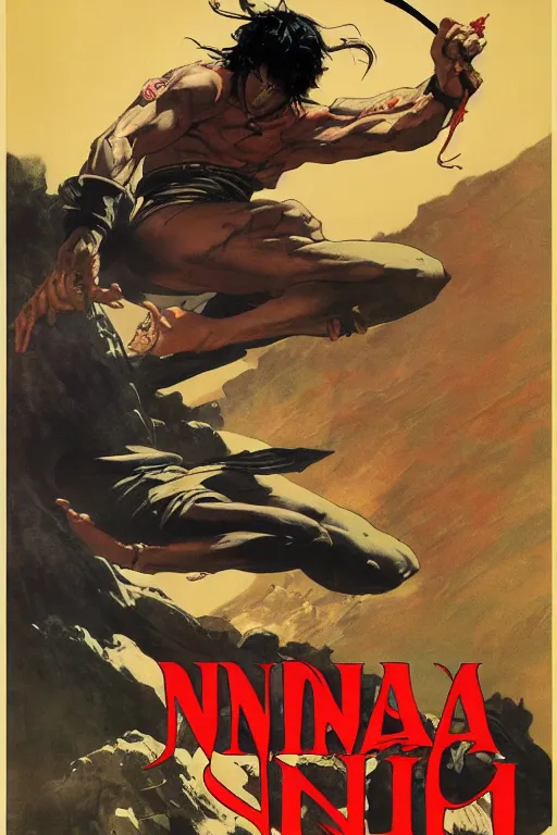 Image similar to Movie poster of Ninja Scroll, by frank frazetta, ilya repin, 8k, hd, high resolution print