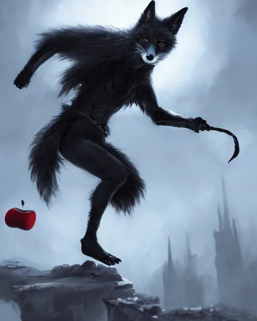 Prompt: oil painting of Anthropomorphized dark Fox thief, stealing red Apple, wearing dark cloak, mischievous look, full body, sharp focus, fantasy style, octane render, volumetric lighting, 8k high definition, by greg rutkowski, highly detailed, trending on art Station, magic the gathering artwork, dark city backround