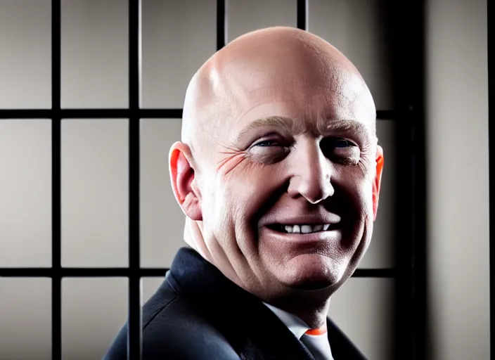 Prompt: photo of bald!!! donald trump!!! donald trump trump shaved head no hair!!! no hair!!! old white pasty skin sitting in a jail cell!!! wearing an!!! orange jumpsuit!!!, defocused bars in the foreground, 8 k, 8 5 mm f 1. 8