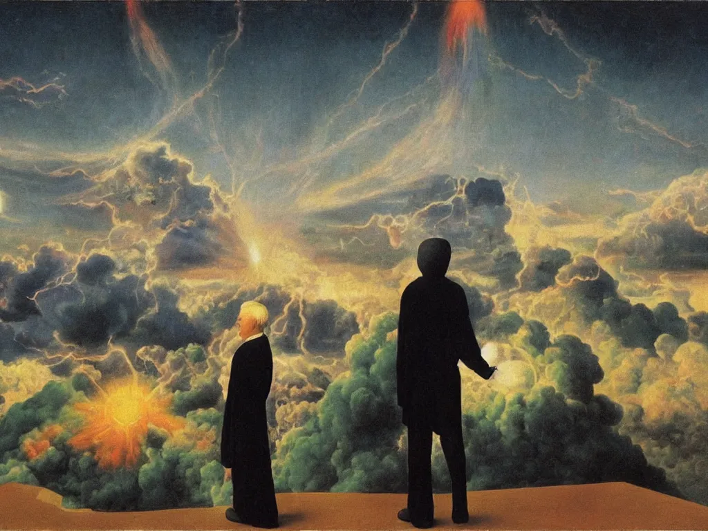 Prompt: albino mystic, with his back turned, looking at a atomic explosion over a city in the distance. Painting by Jan van Eyck, Audubon, Rene Magritte, Agnes Pelton, Max Ernst, Walton Ford