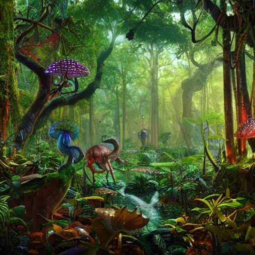 Image similar to psilocybin jungle, hyperrealistic oil painting, super detailed, colorized, 4k, trending on ArtstationHQ, D&D, fantasy, raytracing, award winning, art by James C Christensen and Michael Hutter, spectacular lighting, octane rendered