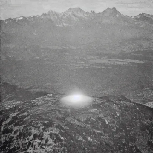 Image similar to a ufo seen on top of a mountain seen from an airplane, vintage photo, old, grainy, sepia