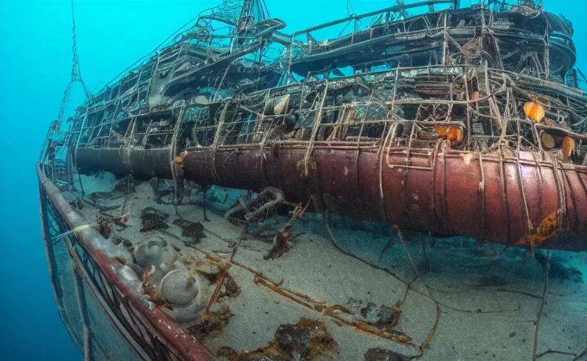 Image similar to cthuhlu at the bottom of the ocean looking up at a small steam ship