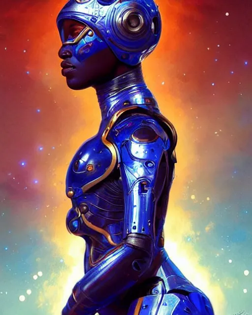 Image similar to Epic Poster of very very very very very very beautiful african woman, spacesuit, futuristic cybernetic helmet, blue eyes, real life skin, intricate, elegant, highly detailed, artstation, concept art, smooth, sharp focus, art by artgerm and greg rutkowski and alphonse mucha