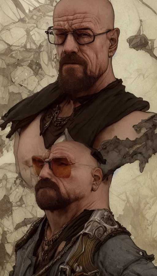 Image similar to Heisenberg as Kratos, highly detailed, digital painting, artstation, concept art, smooth, sharp focus, illustration, ArtStation, art by artgerm and greg rutkowski and alphonse mucha and J. C. Leyendecker and Edmund Blair Leighton and Katsuhiro Otomo and Geof Darrow and Phil hale and Ashley wood and Ilya repin and Charlie Bowater