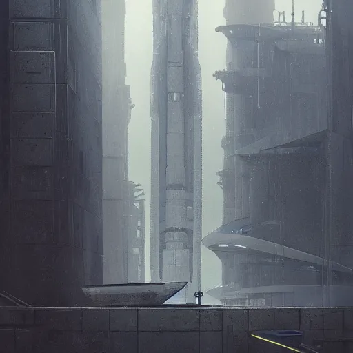 Image similar to render of huge futuristic spaceship in the shape of a chisel, by Ian McQue, Rutkowski, Lee madgwick and Hubert robert, concrete building by le corbusier on the background, puddles of water, trees and bushes, blade runner style, highly detailed, scifi, digital painting, artstation, concept art, smooth, sharp foccus ilustration, Artstation HQ