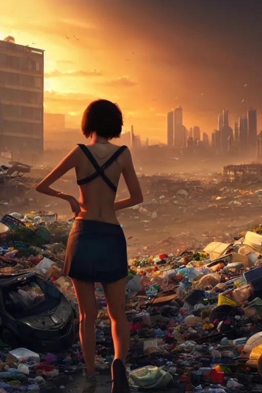 Prompt: wide photo of young woman beauty in mini short with backpack looking at food at garbage dump, destroyed cars, city is pure wasteland, moody sunset background, rays of sunlights, ( ( ( rainbow ) ) ), high details, sharp, photorealism, greg rutkowski, artgerm, unreal engine, highly detailed