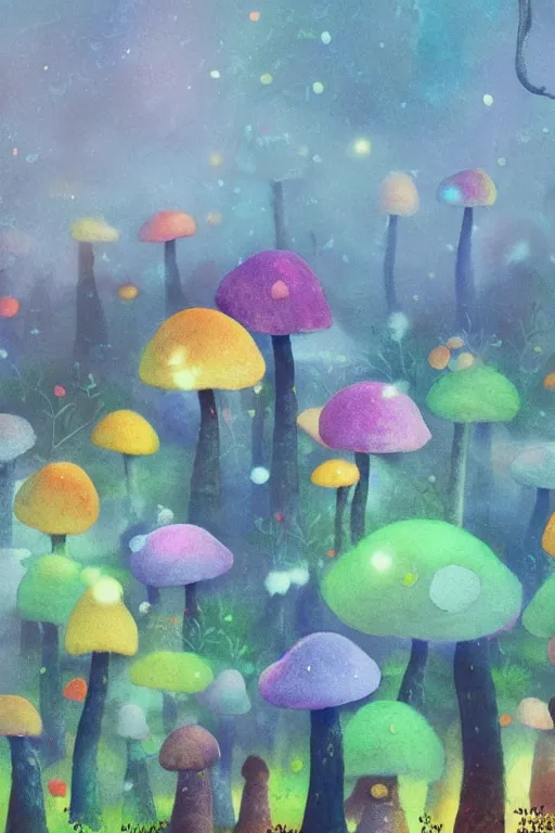 Image similar to a matte digital painting of a mushroom forest at night, tiny bokeh, bright colours, watercolor, volumetric wool felting, macro photography, children illustration, by goro fujita