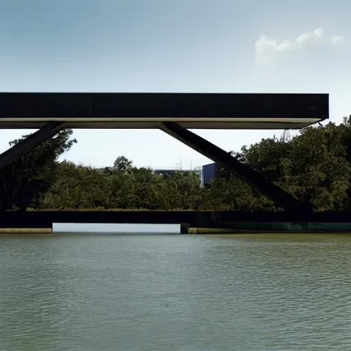 Image similar to ” futuristic pontoon bridge surrounded by water, by simon stalhagen ”