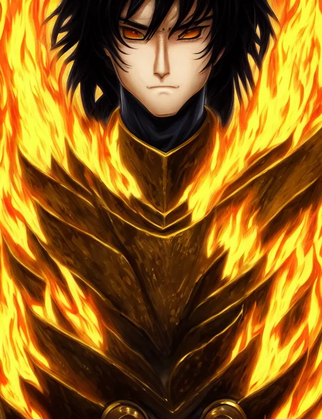 Image similar to a detailed manga portrait of a black haired man with hazel eyes in gleaming golden armour that burns with golden fire, trending on artstation, digital art, 4 k resolution, detailed, high quality, sharp focus, hq artwork, coherent, insane detail, character portrait