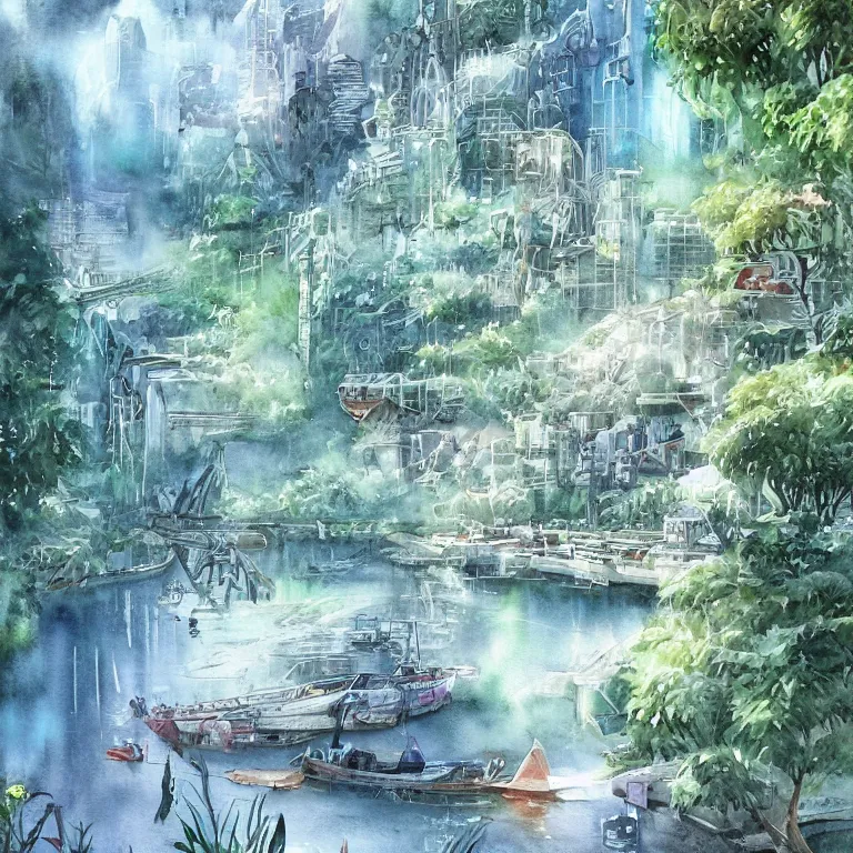 Image similar to Beautiful happy picturesque charming sci-fi city in harmony with nature. Beautiful light. Water and plants. Nice colour scheme, soft warm colour. Beautiful detailed watercolor by Lurid. (2022)