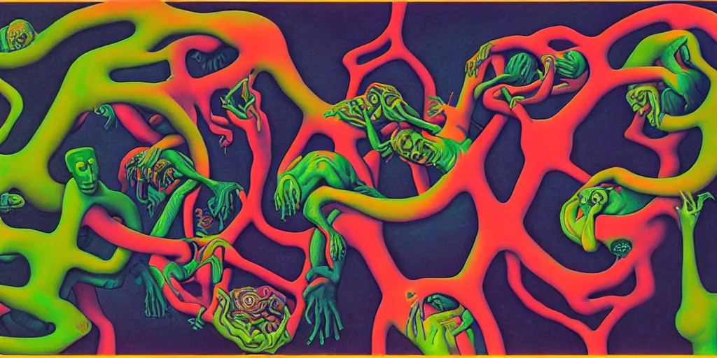 Image similar to basilisk, pain, pleasure, suffering, adventure, ( ( ( psychedelic dripping color ) ) ) love, abstract oil painting by mc escher and salvador daligottfried helnwein