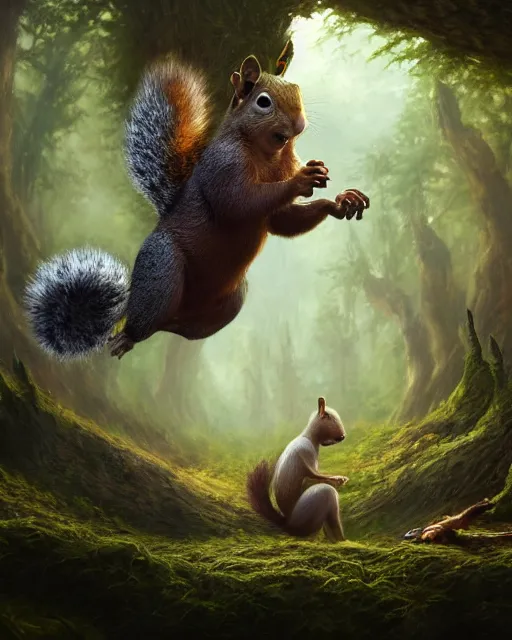 Prompt: oil painting of Anthropomorphized Squirrel attacking a monster, wearing leaf cloak,, sharp focus, fantasy style, octane render, volumetric lighting, 8k high definition, by greg rutkowski, highly detailed, trending on art Station, magic the gathering artwork, magical forest backround, centered