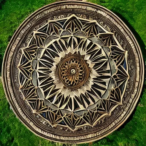 Image similar to mandala carved into the side of a mountain