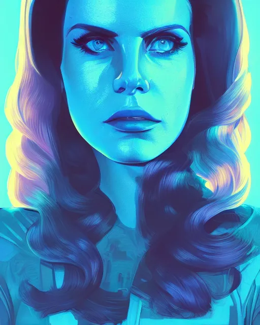 Image similar to portrait of lana del rey as a cyborg. realist abstract. key art. blue, pink, intricate artwork. by tooth wu, wlop, beeple, dan mumford. 8 k octane render, trending on artstation, greg rutkowski very coherent symmetrical artwork. cinematic, hyperrealism, very detailed, iridescent accents