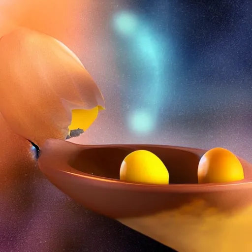 Prompt: a galactic egg is cracked open and the yolk slowly drops out. the yolk is earth. digital art, 3 d render, dramatic lighting, comedy, science fiction
