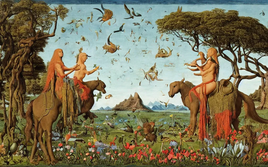 Prompt: a portrait photograph of a meditating sphinx and a centaur king riding birds and feeding animals at a river delta. surrounded by bulbous flowers, animals, trees. mountain range under a vast blue sky of burning stars. painted by jan van eyck, max ernst, ernst haeckel and ernst fuchs, cgsociety, artstation, fashion editorial, 8 k