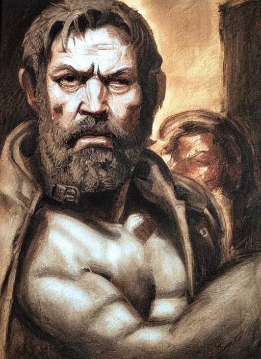 Image similar to punished snake big boss by michelangelo, oil painting, portrait, renaissance