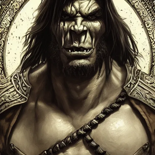 Image similar to portrait of a hulking herculean orc demon pirate rogue thief, male, masculine, upper body, belt of skulls, fantasy, frown,, intricate, elegant, highly detailed, digital painting, artstation, concept art, matte, sharp focus, illustration, art by artgerm and greg rutkowski and alphonse mucha