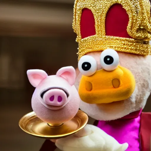 Image similar to pig waiter wearing a gold crown as a Muppet holding a silver platter 8k