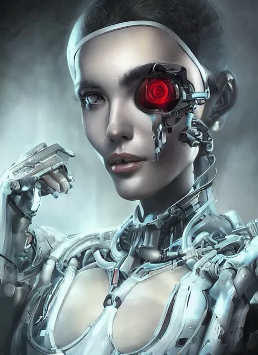 Prompt: a beautiful woman with a cybernetic endoskeleton, painted by artgerm and tom bagshaw, fantasy art, dramatic lighting, highly detailed oil painting