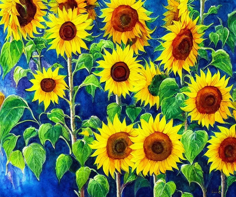 Image similar to sunflowers, william henrits, hovik zohraybyan, water painting, bright colors, sunlight, happy, peaceful, serene, joy