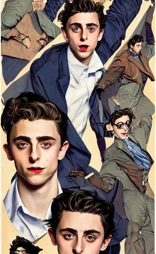 Image similar to Timothee Chalamet as Peter parker, night time, +++ super super super dynamic posing, j.c. leyendecker, Valentina Remenar, thick eyebrows, super serious facial expression