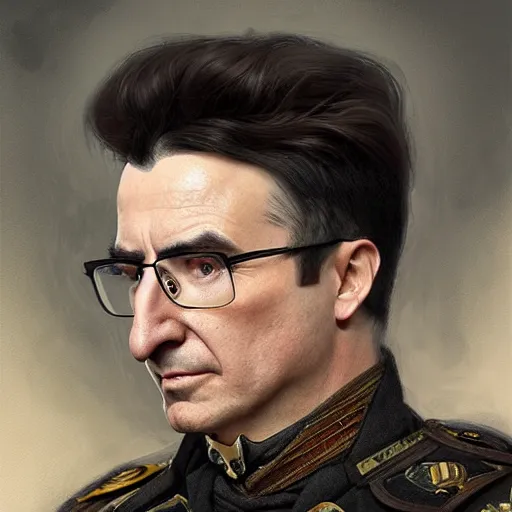 Prompt: portrait of stoic looking john oliver as vigo carpathian, military uniform, fantasy, intricate, elegant, highly detailed, centered, dark, smokey, charcoal painting, digital painting, artstation, concept art, smooth, sharp focus, illustration, art by artgerm and greg rutkowski and alphonse mucha