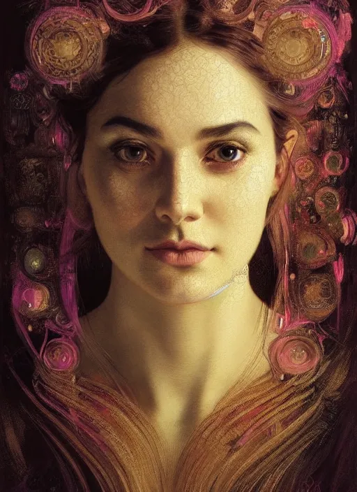 Image similar to a highly detailed photo of very intricate female face portrait, futurism, rococo cyber neon lighting, detailed futuristic fibonacci jewelry, profile posing, hyper photorealistic, trending in pinterest, cinematic, 4 k ultra hd, by denis villeneuve tom anders zorn hans dragan bibin thoma greg rutkowski ismail inceoglu illustrated sand storm alphonse mucha