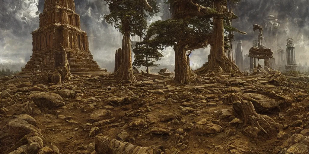 Image similar to a alien lost temple, by ivan shishkin, by james gurney, detailed, atmospheric, 8 k