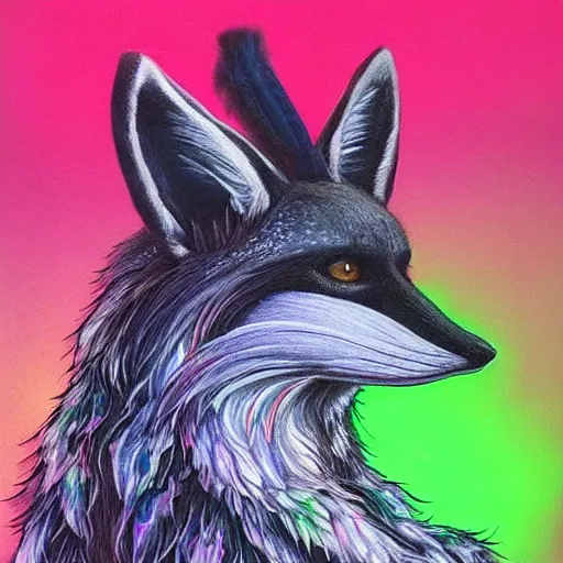 Prompt: a realistic blacklight black velvet painting of an avatar of an awesome foxfolk mage with a fox skull face, hummingbird feathers for fur, themed around death and astronomy, in the style of dnd beyond avatar portraits, beautiful, artistic, elegant, lens flare, magical, lens flare, nature, realism, stylized, art by jeff easley