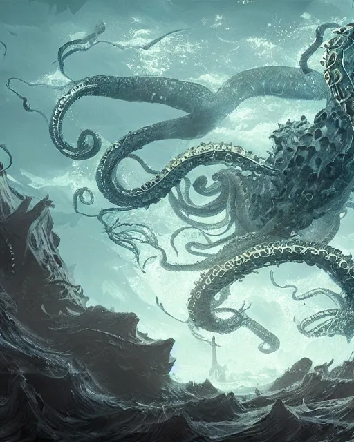 Prompt: An invisible Kraken in the middle of the sea, fantasy art, in the style of greg rutkowski, illustration, epic, fantasy, intricate, hyper detailed, artstation, concept art, smooth, sharp focus, ray tracing