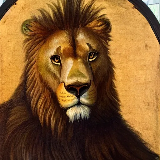 Image similar to a renaissance style portrait painting of lion Bear hybrid