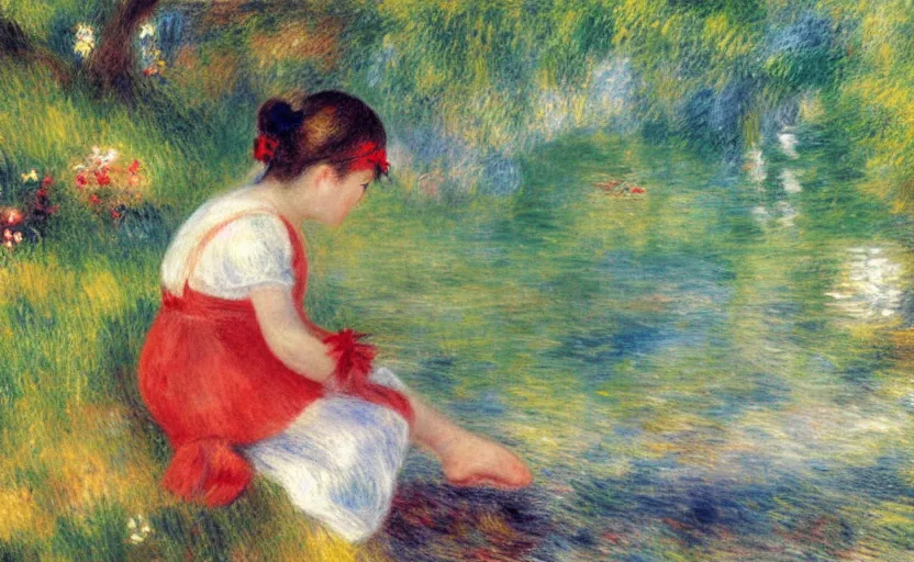 Prompt: a lonely beautiful little girl, wearing white cloths, and a red bow in her hair, playing with the water, sitting by the side of a creek, in the painting style of renoir, 8 k, detailed, rule of thirds