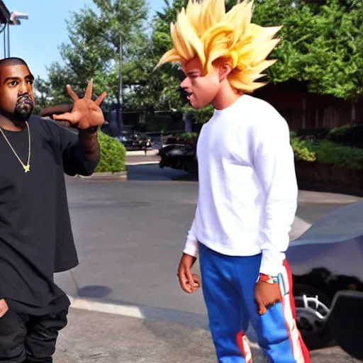 Image similar to kanye west having an argument with goku outside an applebee's, photo, realistic, paparazzi photo, 4 k, photo real