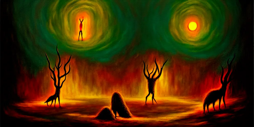 Image similar to creatures lurking in the collective unconscious, dramatic lighting from warm fire glow, in a dark surreal painting by ronny khalil