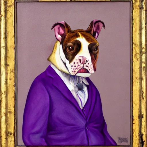 Image similar to Portrait of a psychotic crossbreed between a rabid dog and a toad, in a purple suit, oil painting