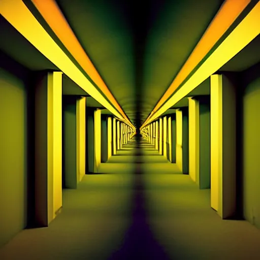 Image similar to noisy color photograph of a liminal space in the style of MC Escher, hallways, abstract 3d render, minimalist, oddly familiar, cinematic, dramatic lighting, soft vintage glow, floating liquid, stretching to walls, supernova inside facility, scared faces emerging from darkness