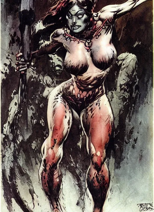 Image similar to female vetala, strong line, deep color, beautiful! coherent! by frank frazetta, high contrast