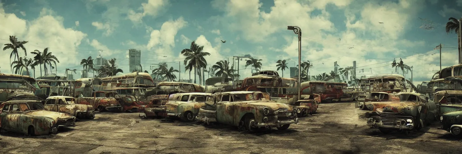 Prompt: fallout 5 : miami, outdoors ruined tropical city airport, rusted retro futuristic vintage styled parked cars, buses, trucks, atmospheric lighting, painted, intricate, volumetric lighting, summer, sunny weather, few clouds, sharp focus, deep colours, ultra detailed, by leesha hannigan, ross tran, thierry doizon, kai carpenter, ignacio fernandez rios