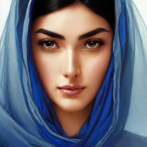 Image similar to Ameera al-Taweel, bright blue eyes, wavy black hair, white veil, highly detailed, digital painting, artstation, concept art, smooth, sharp focus, illustration, ArtStation, art by artgerm and greg rutkowski and alphonse mucha and J. C. Leyendecker and Edmund Blair Leighton and Katsuhiro Otomo and Geof Darrow and Phil hale and Ashley wood and Ilya repin and Charlie Bowater