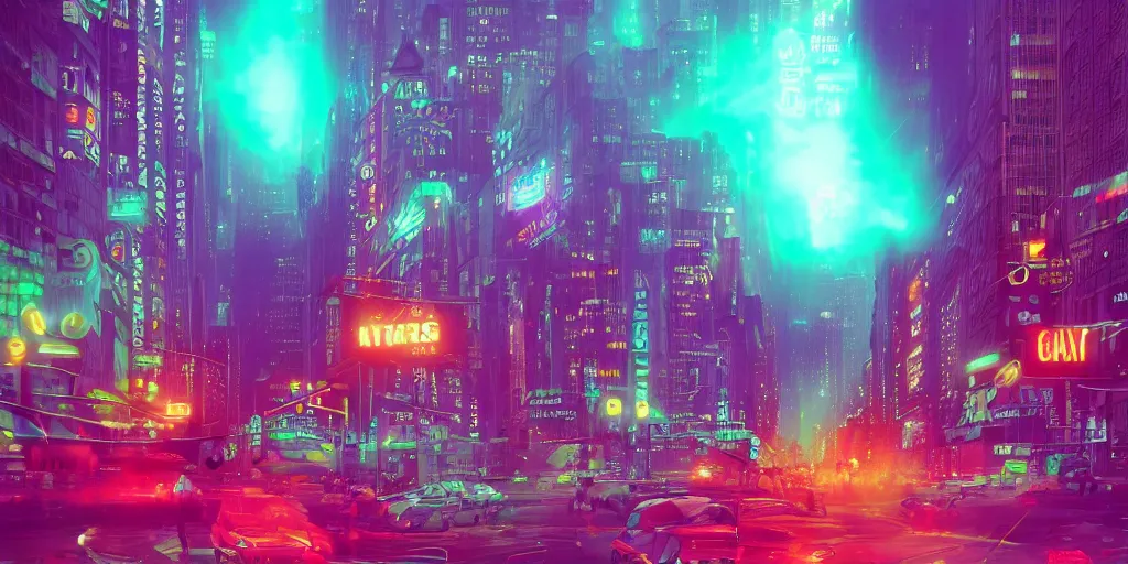 Image similar to giant snails invading new york city, neons, psychedelic, mist, artstation, by beeple