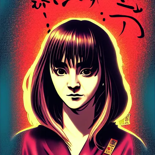 Image similar to a comic book style japanese horror poster of Emma Watson by dan mumford, yusuke murata and junji ito, blood lines, yokai, shinigami, eyes, shurikens, kanji, synthwave, 8k, unreal engine, trending on artstation, pixiv, intricate details, volumetric lighting