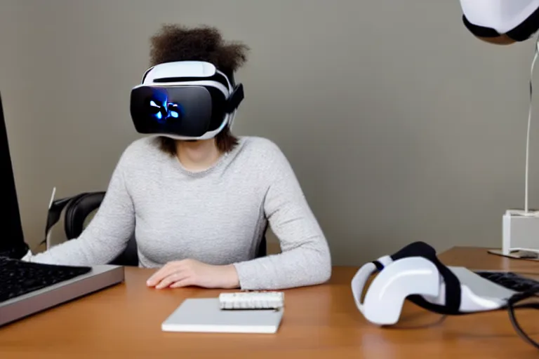 Prompt: A stock photo of a woman sitting at her desk, with a bunch of stuff, wearing a VR-headset, featured on flickr, cluttered