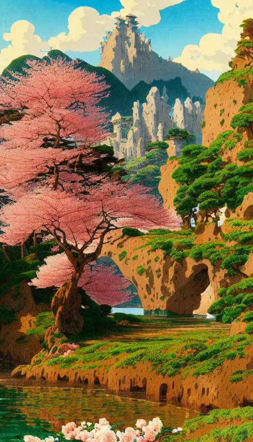 Prompt: ghibli illustrated background of a strikingly beautiful landform with strange rock formations acastle is seen in the distance, and red water and cherry blossoms by vasily polenov, eugene von guerard, ivan shishkin, albert edelfelt, john singer sargent, albert bierstadt 4 k